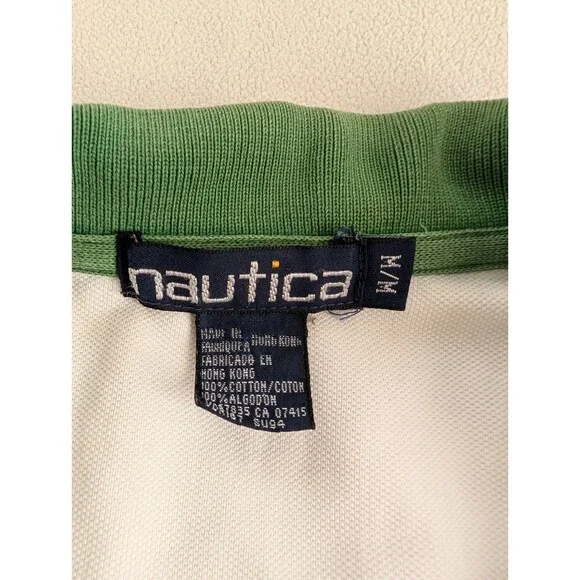 Vintage Nautica Sail Boats Vertical Striped Polo Shirt Green White M - Picture 5 of 9